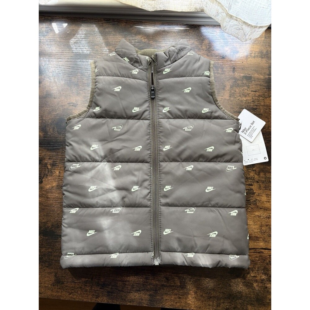 Nike Kids Puffer Vest NWT All Over Swoosh Logo Brown Olive Green Full Zip 3/4